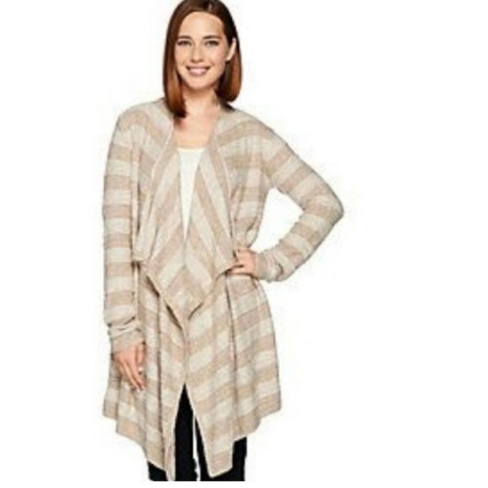 Barefoot Dreams Bamboo Chic Lite Calypso Cardigan Sweater Wrap Tan Stripe S/M